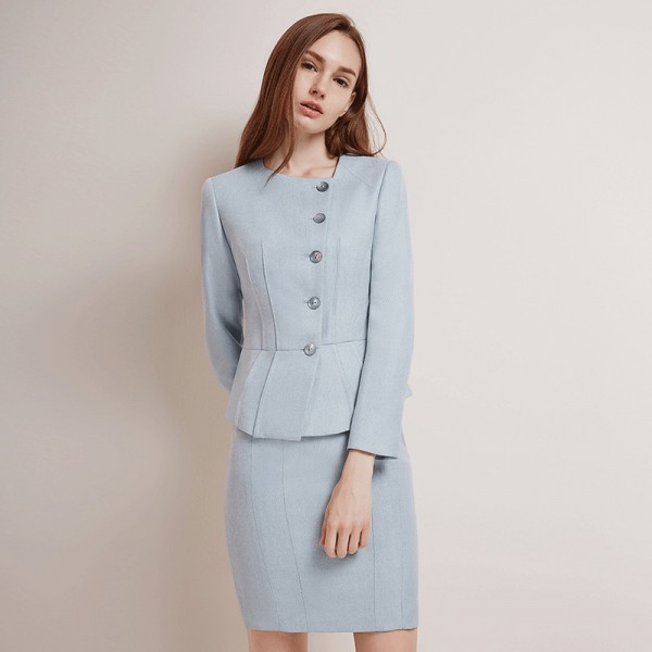 Women Fashion Light Blue Professional Suit and Skirt Set