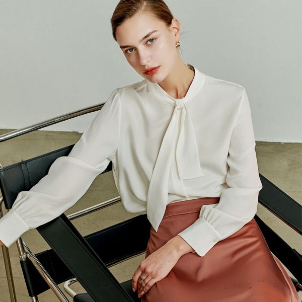 Streamer Neck Long Sleeve Satin White Shirt