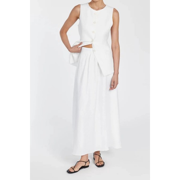 GEMIMA WHITE LINEN MIDI SKIRT