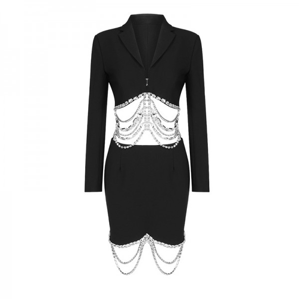 Heavy Industry Sexy V-neck Rhinestone Fringe Suit and Skirt Two-piece
