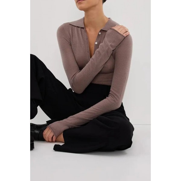 JANE TAUPE MERINO POLO KNIT TOP