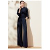 Navy Blue Belt Paper Bag Straight-Leg Pants