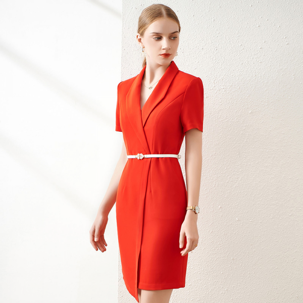 Red V-Neck Short Sleeve Suit Dress