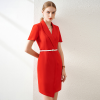 Red V-Neck Short Sleeve Suit Dress