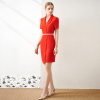 Red V-Neck Short Sleeve Suit Dress