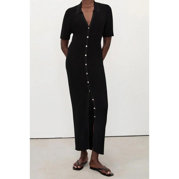 LIAM BLACK KNIT POLO MAXI DRESS