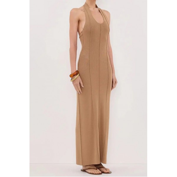 LISS TAN HALTER KNIT MAXI DRESS