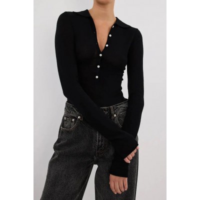 JANE BLACK MERINO POLO KNIT TOP
