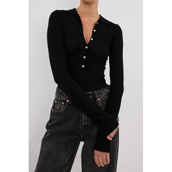 JANE BLACK MERINO POLO KNIT TOP