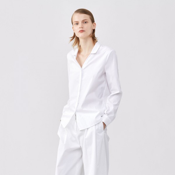 Women's Shiny Collar Metal Concealed Button Fly Long Sleeve White Shirt
