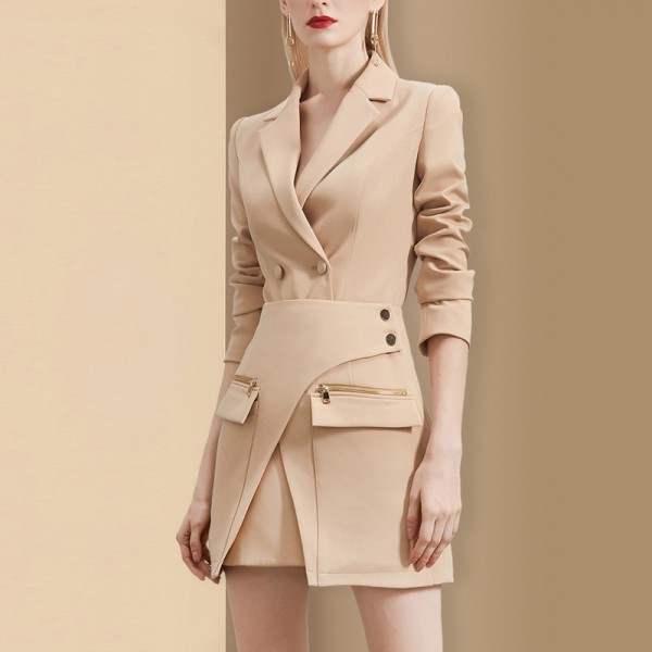 Temperament Goddess Double Breasted Irregular Blazer Skirt Two Piece Set