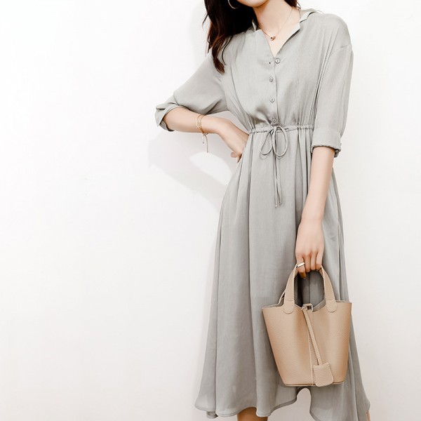 Elegant V-Neck Drawstring Waist Shirt Dress