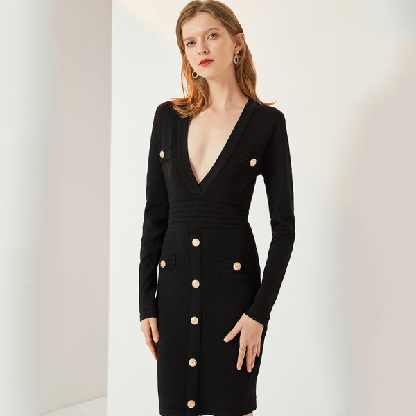 Elegant V-Neck Long Sleeve Knit Dress
