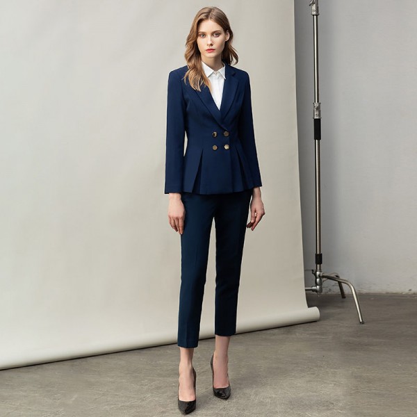 Women's Professional Commuter Double Breasted Navy Blue Suit