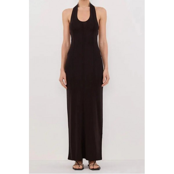 LISS BITTER CHOC HALTER KNIT MAXI DRESS