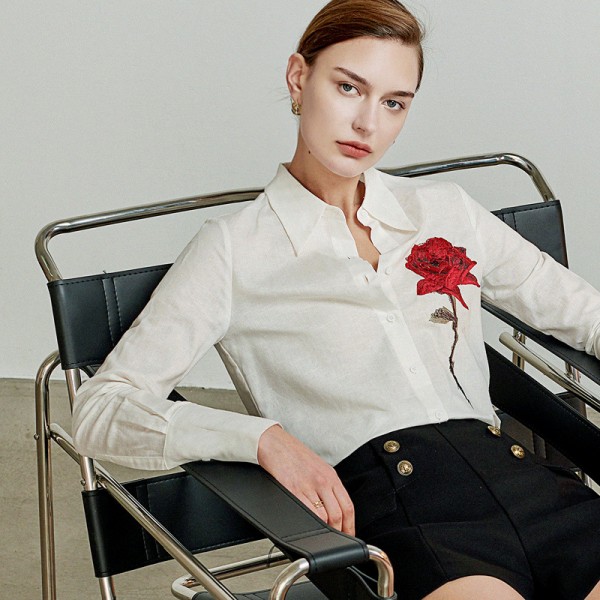 Rose Embroidered OL Commuter Cotton Linen Shirt