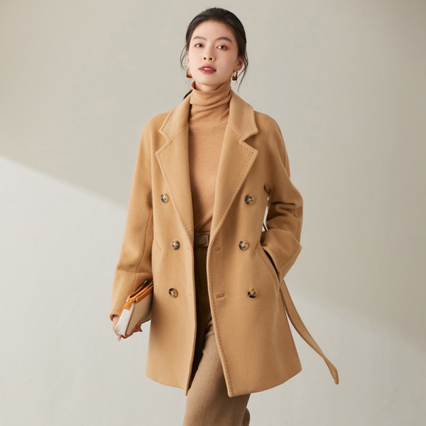 Winter Women Double-faced Cashmere Coat Camel Double-breasted Pure Wool Coat