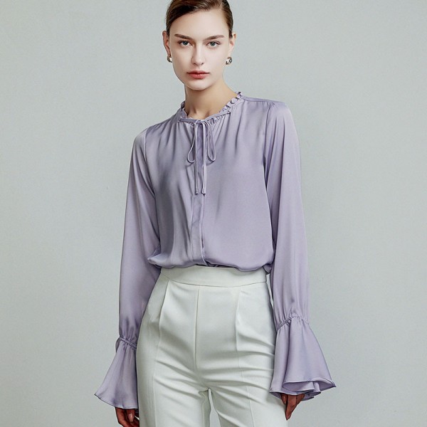 Satin Chiffon Ruffled Long-sleeve Shirt