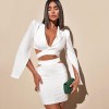 Fashion Women White Long-sleeved V-neck Suit and Short Skirt Two-piece